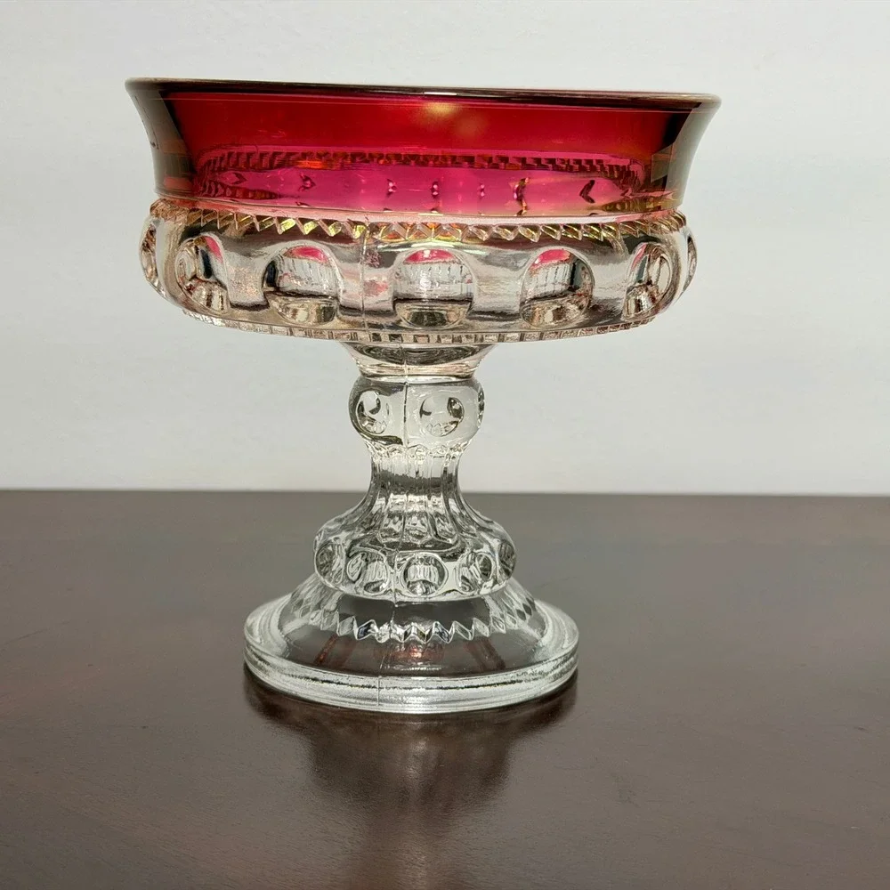 Vintage Indiana Glass Kings Crown Thumbprint Ruby Flash Compote Pedestal Bowl